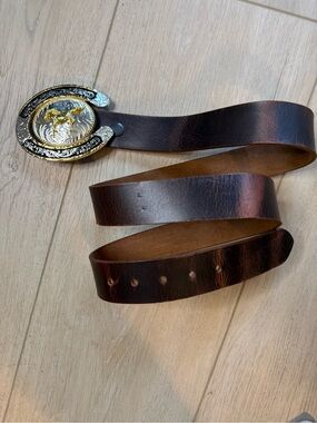 Vintage Men’s Cowboy Western Brown Leather Belt Gold & Silver Horse Buckle Sz 44